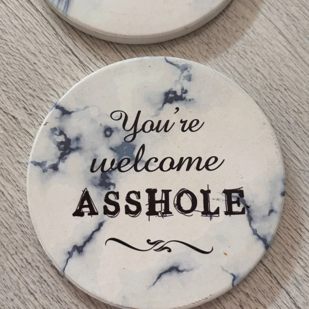 Set Of 4 Naughty Coasters White Marble Print 4” Graphic Moisture Absorbing